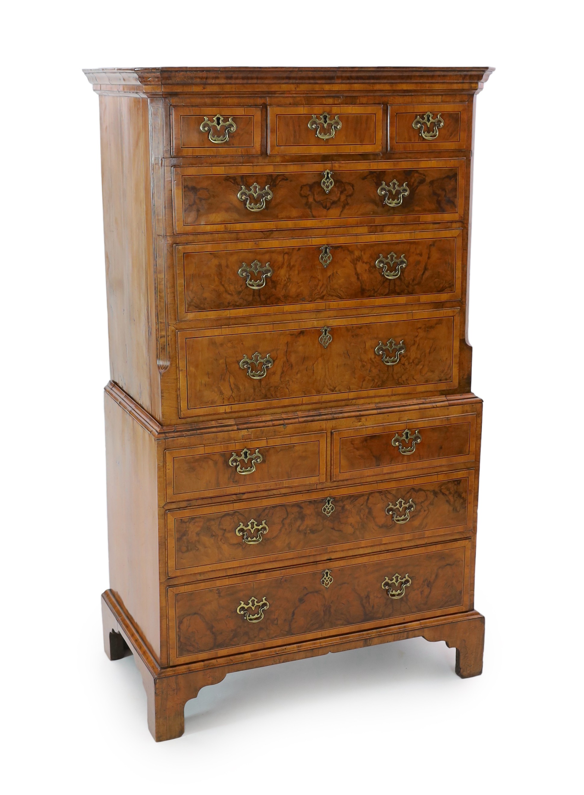 A George I inlaid walnut chest on chest, width 101cm, depth 58cm, height 176cm